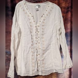 Coldwater Creek Women's White Embroidered  V-Neck Long Sleeve Top Tunic- PXL